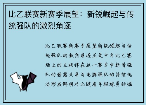 比乙联赛新赛季展望：新锐崛起与传统强队的激烈角逐